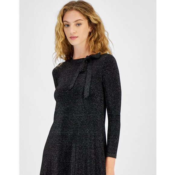 Signature By Robbie Bee Black Metallic Knit Dress With Bow Tie Accent & Long Sle - Picture 6 of 6